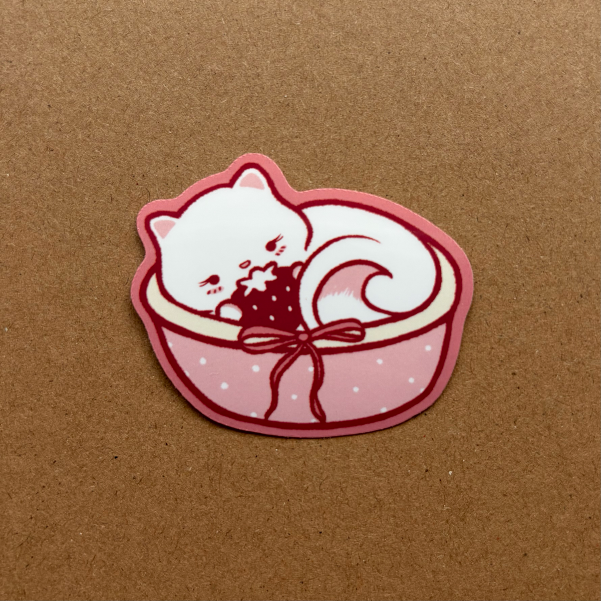 strawberry cozy cat vinyl sticker