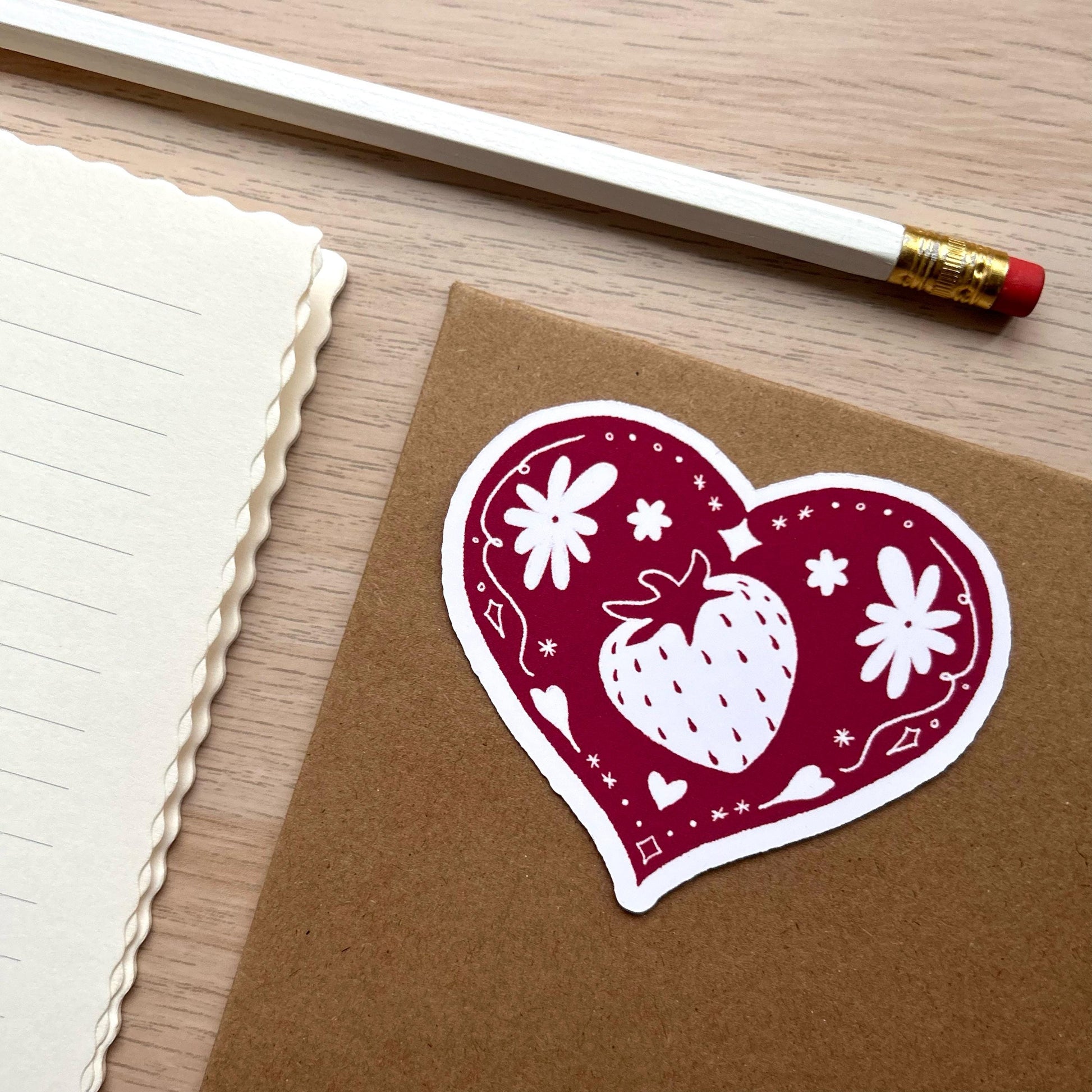 strawberry emblem kiss-cut vinyl sticker | cute sticker, stationery, strawberries, journal, planners, bujo, book