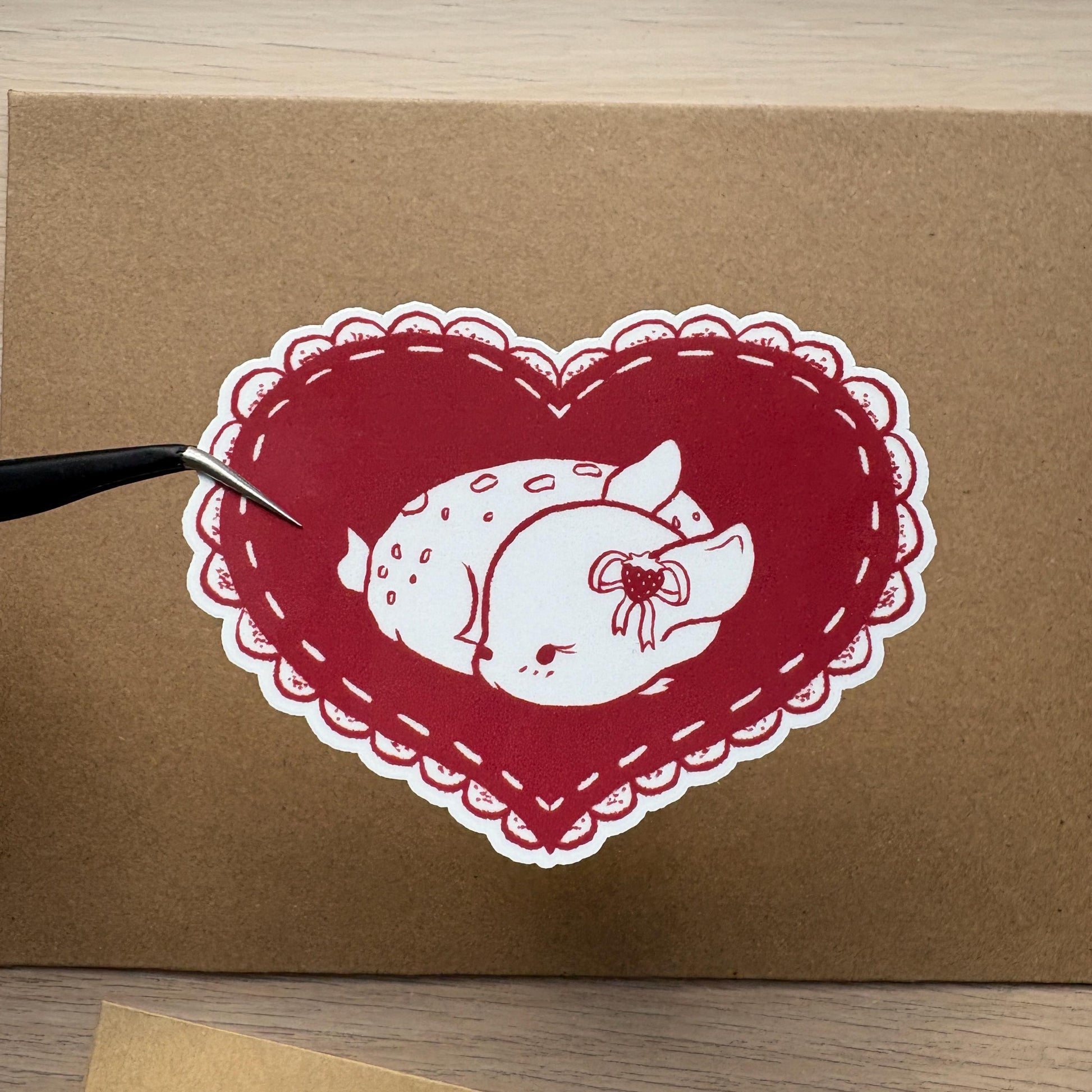 baby deer in a heart vinyl sticker | waterproof, cute stickers, stationery, strawberries, journal, fawn, coquette, bujo, valentines day