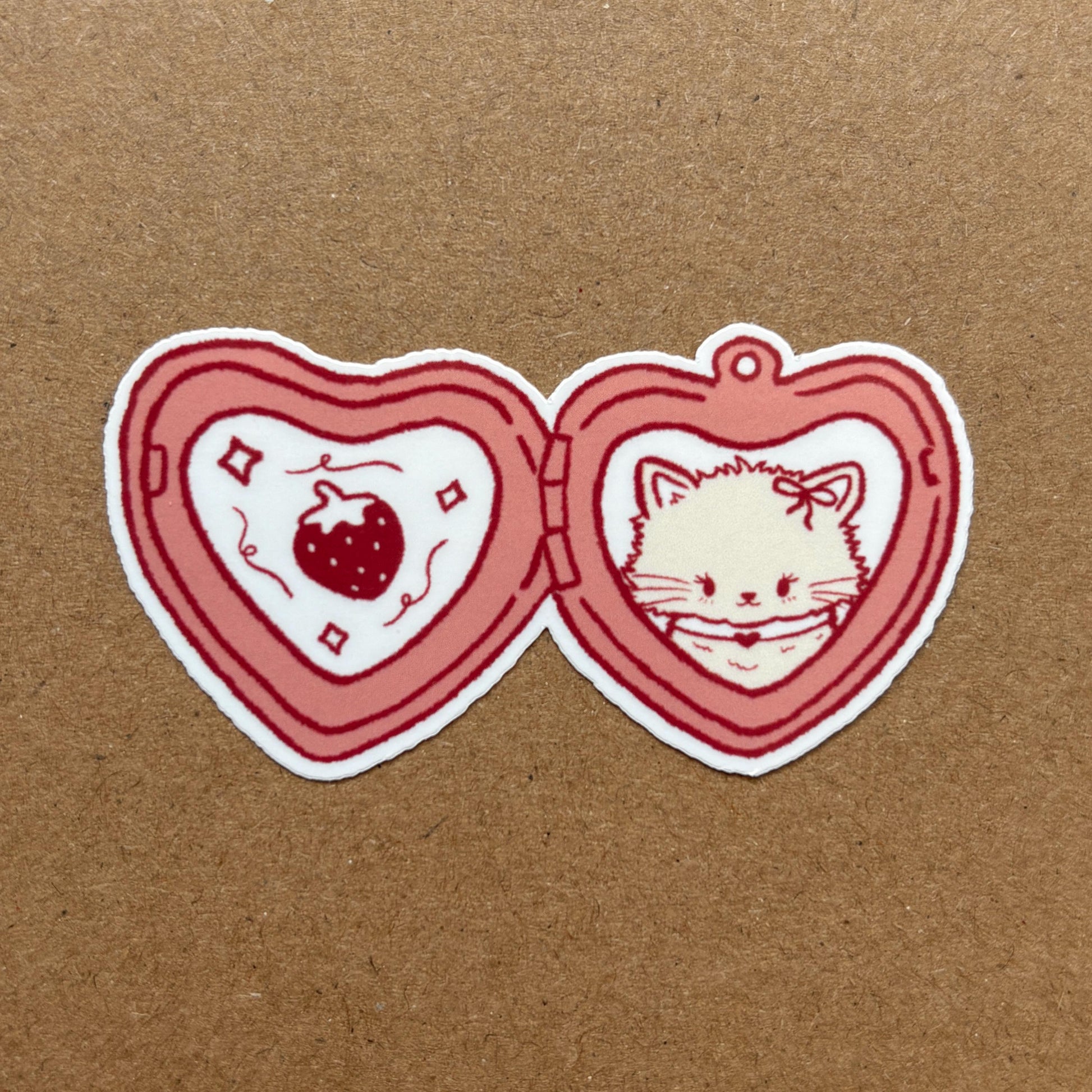 strawberry cat locket vinyl sticker | waterproof, cute stickers, stationery, strawberries, journal, kitten, coquette, bujo, valentines day