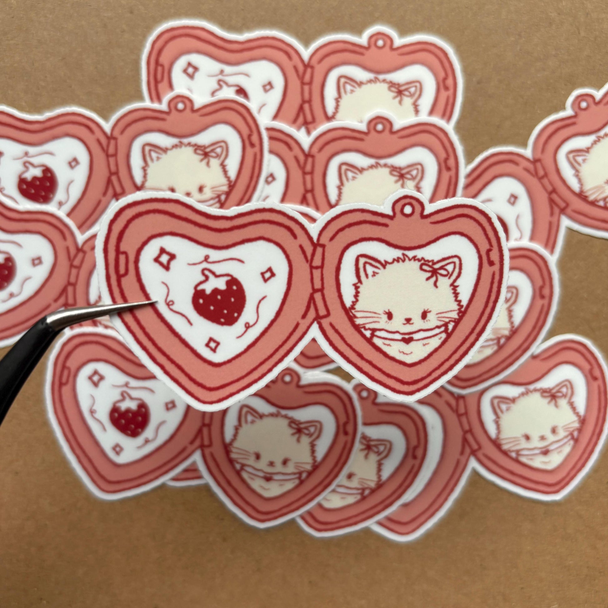 strawberry cat locket vinyl sticker | waterproof, cute stickers, stationery, strawberries, journal, kitten, coquette, bujo, valentines day