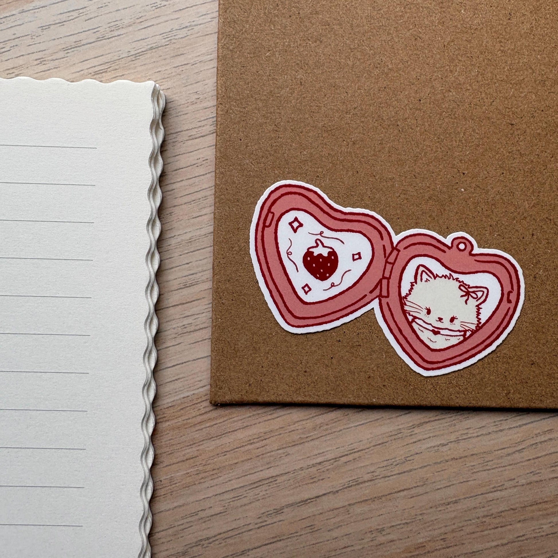 strawberry cat locket vinyl sticker | waterproof, cute stickers, stationery, strawberries, journal, kitten, coquette, bujo, valentines day