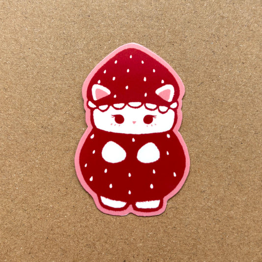 strawberry cat calico critter vinyl sticker | waterproof, cute stickers, laptop, journal, planners, bujo, phone case, water bottle