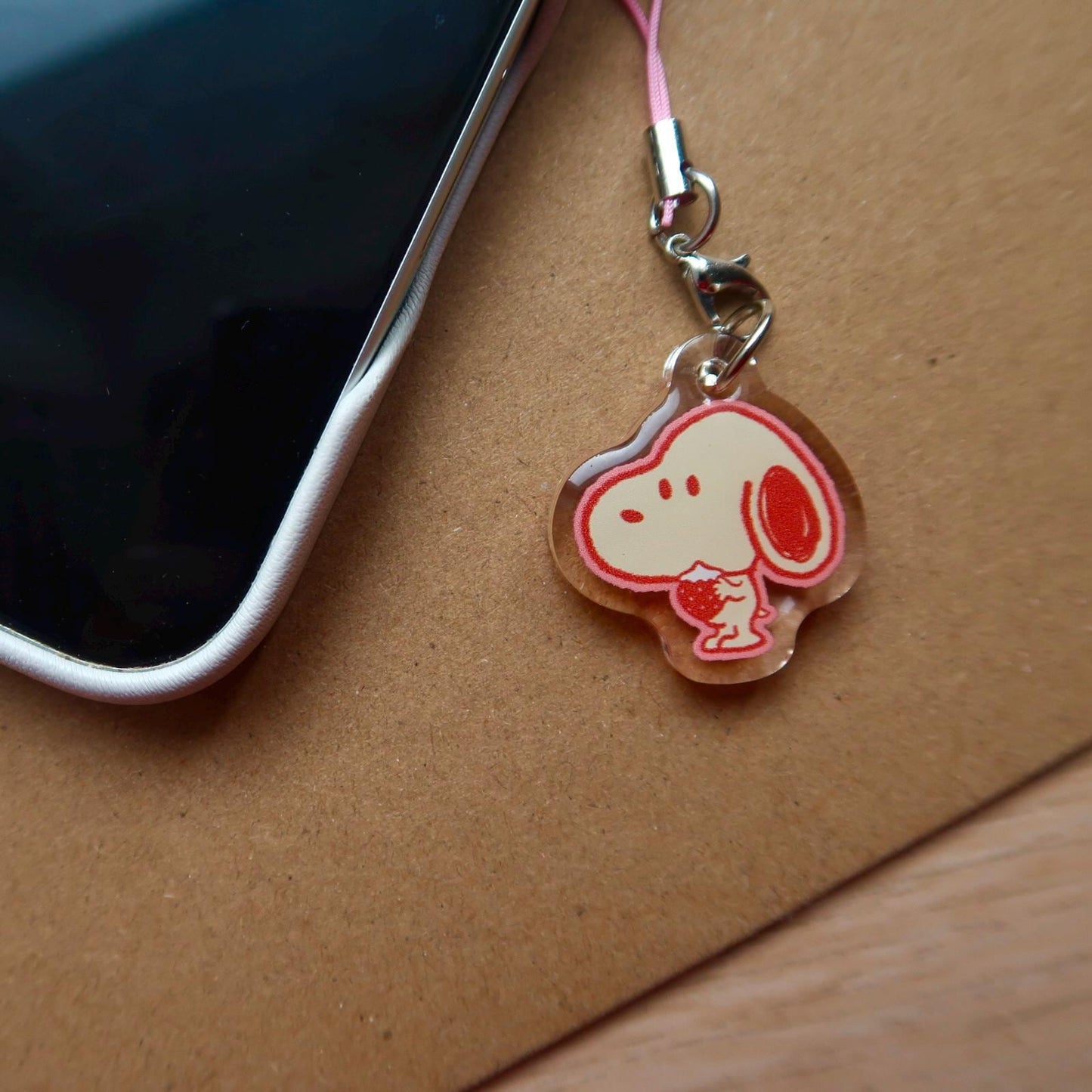 strawberry puppy acrylic phone charm | cute, peanuts, bag, journal, gift