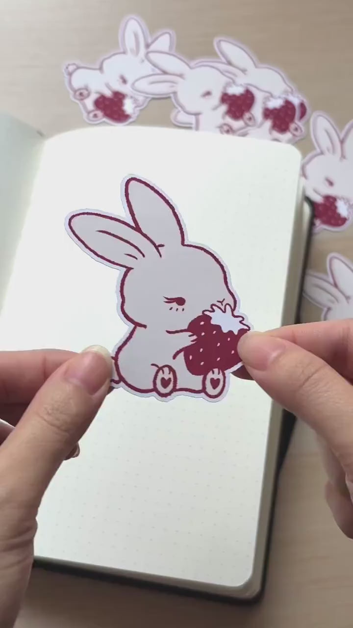 strawberry bunny vinyl sticker  |  cute sticker, stationery, strawberries, journal, planners, bujo, bunnies, book