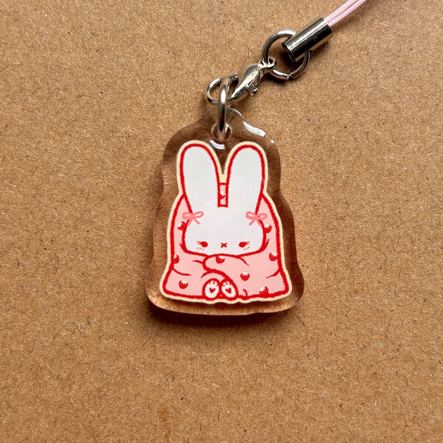 strawberry blanket bunny acrylic phone charm