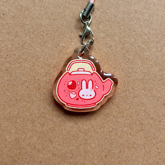 strawberry bunny kyusu teapot acrylic phone charm