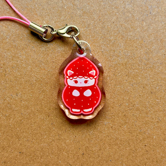 strawberry cat calico acrylic phone charm
