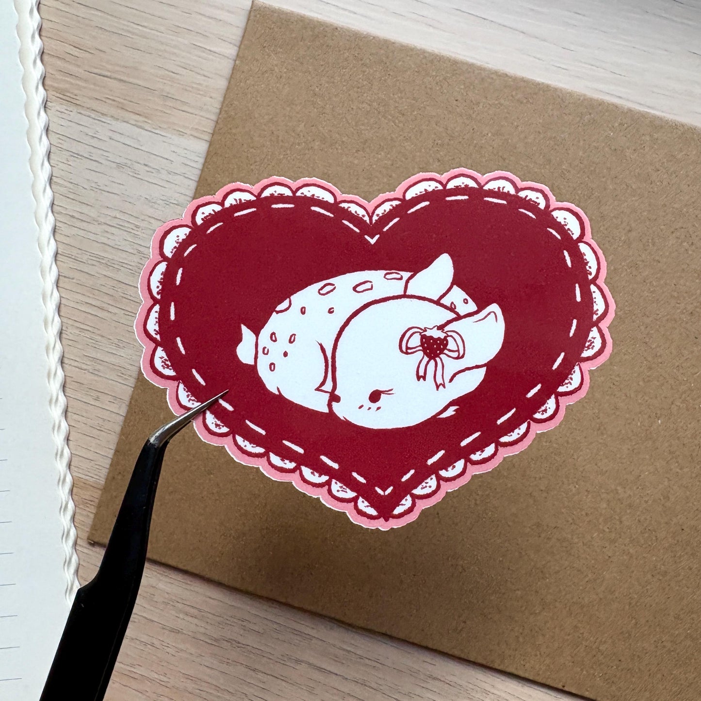 baby deer in a heart vinyl sticker | waterproof, cute stickers, stationery, strawberries, journal, fawn, coquette, bujo, valentines day