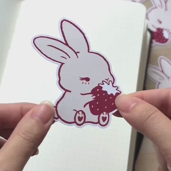 strawberry bunny vinyl sticker  |  cute sticker, stationery, strawberries, journal, planners, bujo, bunnies, book